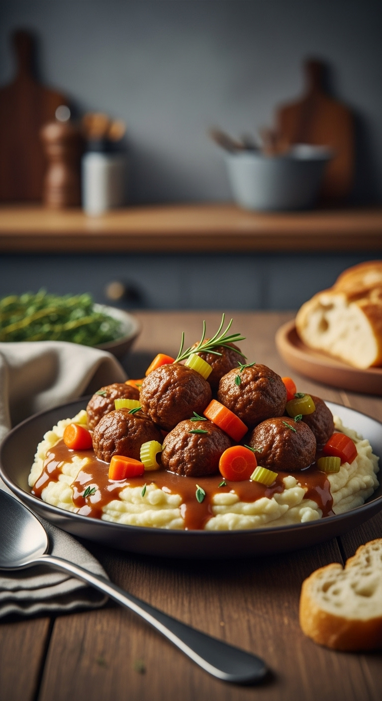 Pot-Roast-Style-Meatballs-Mashed-Potatoes-Gravy-Carrots-Celery-Herb-85Mm-Lens-Portrait