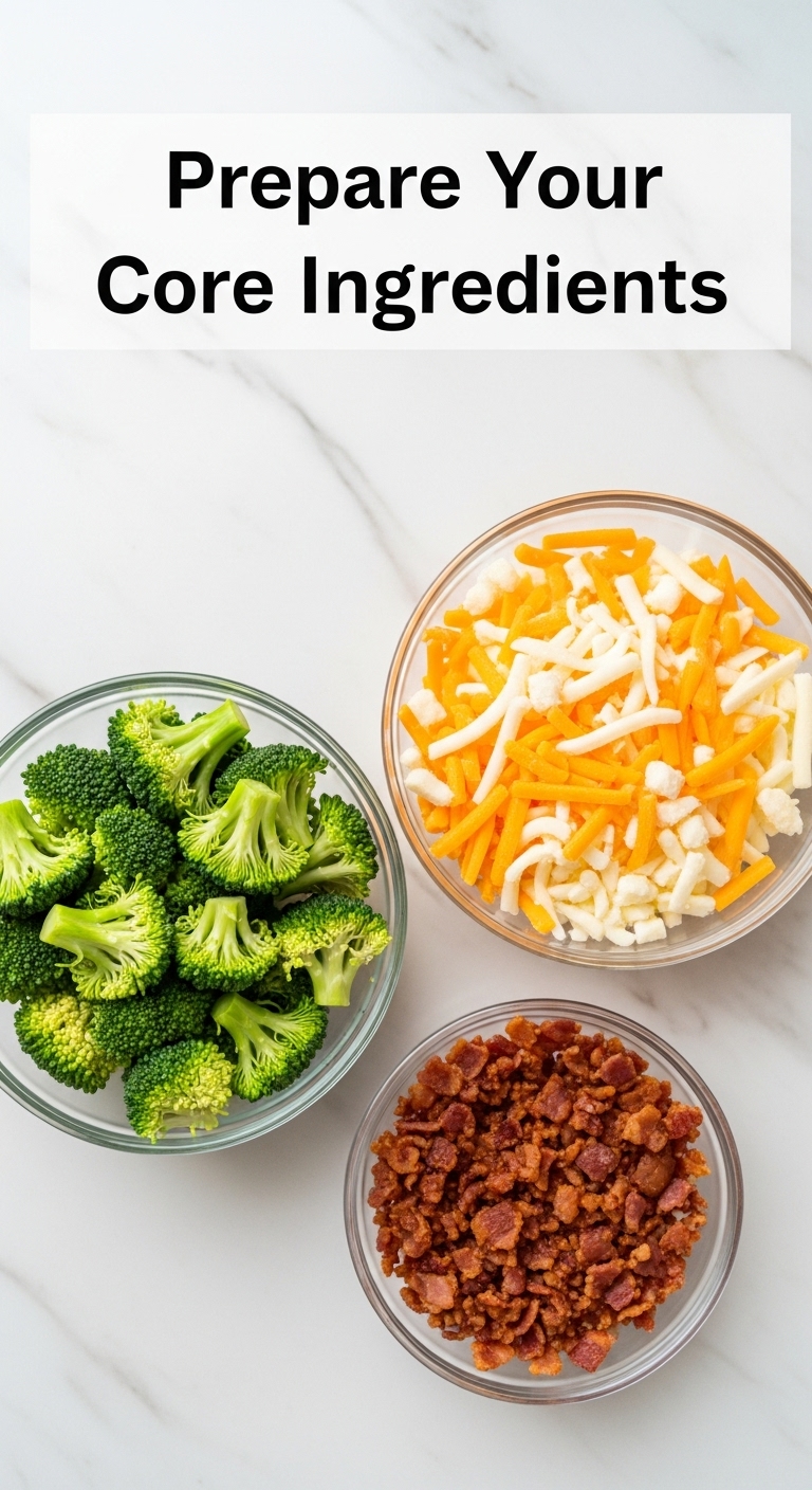 Prepped Broccoli Cheddar Mozzarella Cheese And Crumbled Bacon In Glass Bowls On Marble Countertop
