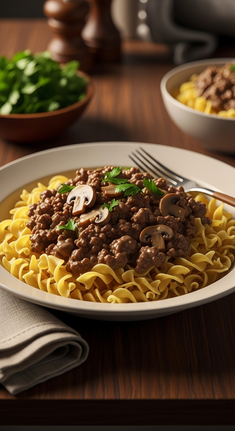 Quick-Ground-Beef-Stroganoff-Egg-Noodles-Mushrooms-Parsley