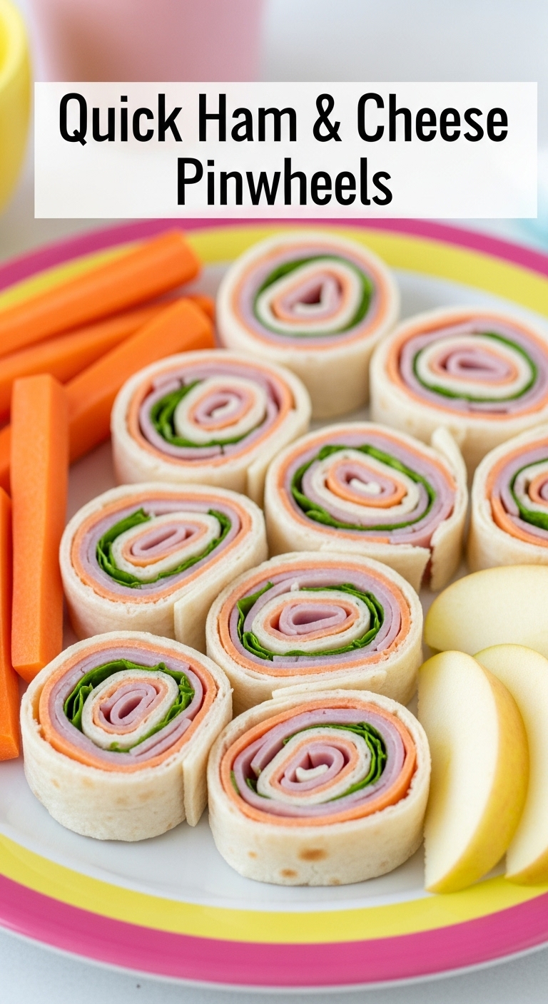 Quick-Ham-Cheese-Pinwheel-Wraps-Spiral-Pattern-Carrot-Sticks-Apple-Slices-Kids-Lunch-Plate