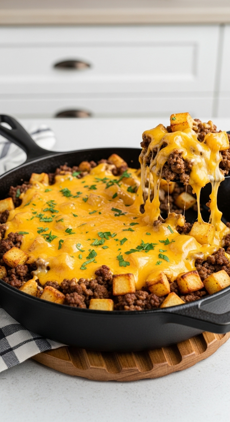 Quick-One-Pan-Ground-Beef-And-Potatoes-Cheddar-Parsley