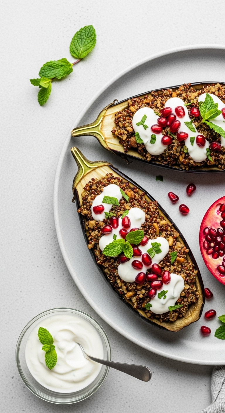 Quinoa Stuffed Eggplant With Walnut Filling Mint Yogurt Sauce And Pomegranate Seeds Top Down On Light Grey Concrete With Extra Yogurt Bowl