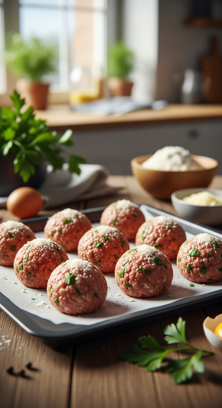 Raw-Italian-Meatballs-On-Parchment-With-Parsley-Parmesan-And-Egg