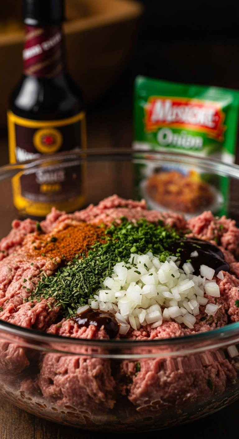 Raw Meatloaf Mixture In Glass Bowl With Diced Onions Herbs And Sauce Ready For Baking With Blurred Seasoning In Background