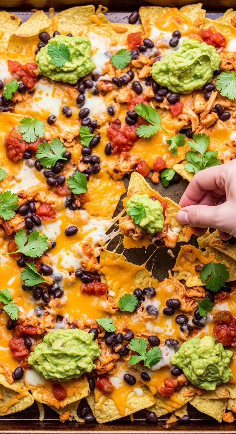 Restaurant-Style Chicken Nachos On Sheet Pan With Melted Cheese Black Beans Salsa Guacamole And Hand Grabbing A Chip