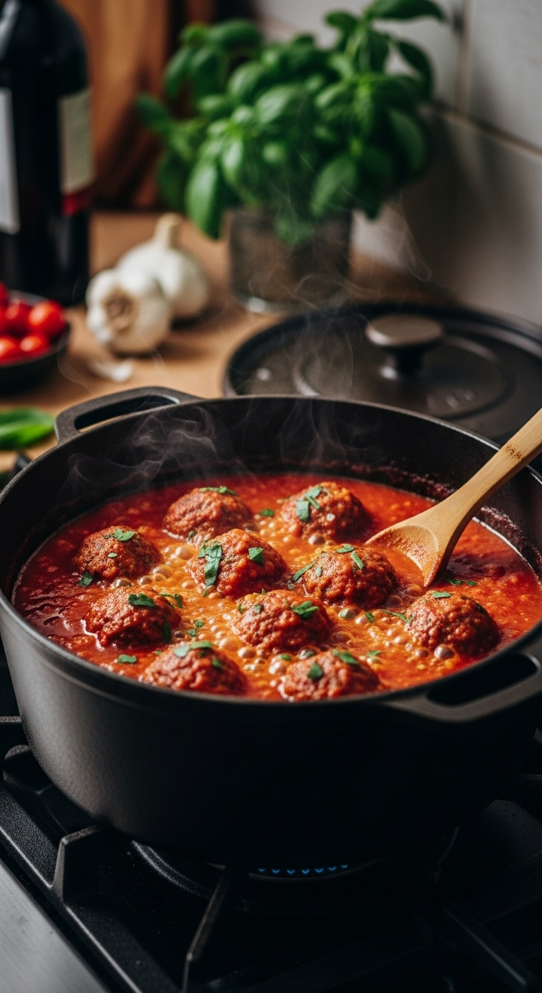 Rich-Marinara-Sauce-Simmering-With-Meatballs-In-Cast-Iron-Pot-With-Wooden-Spoon-Basil-Garlic
