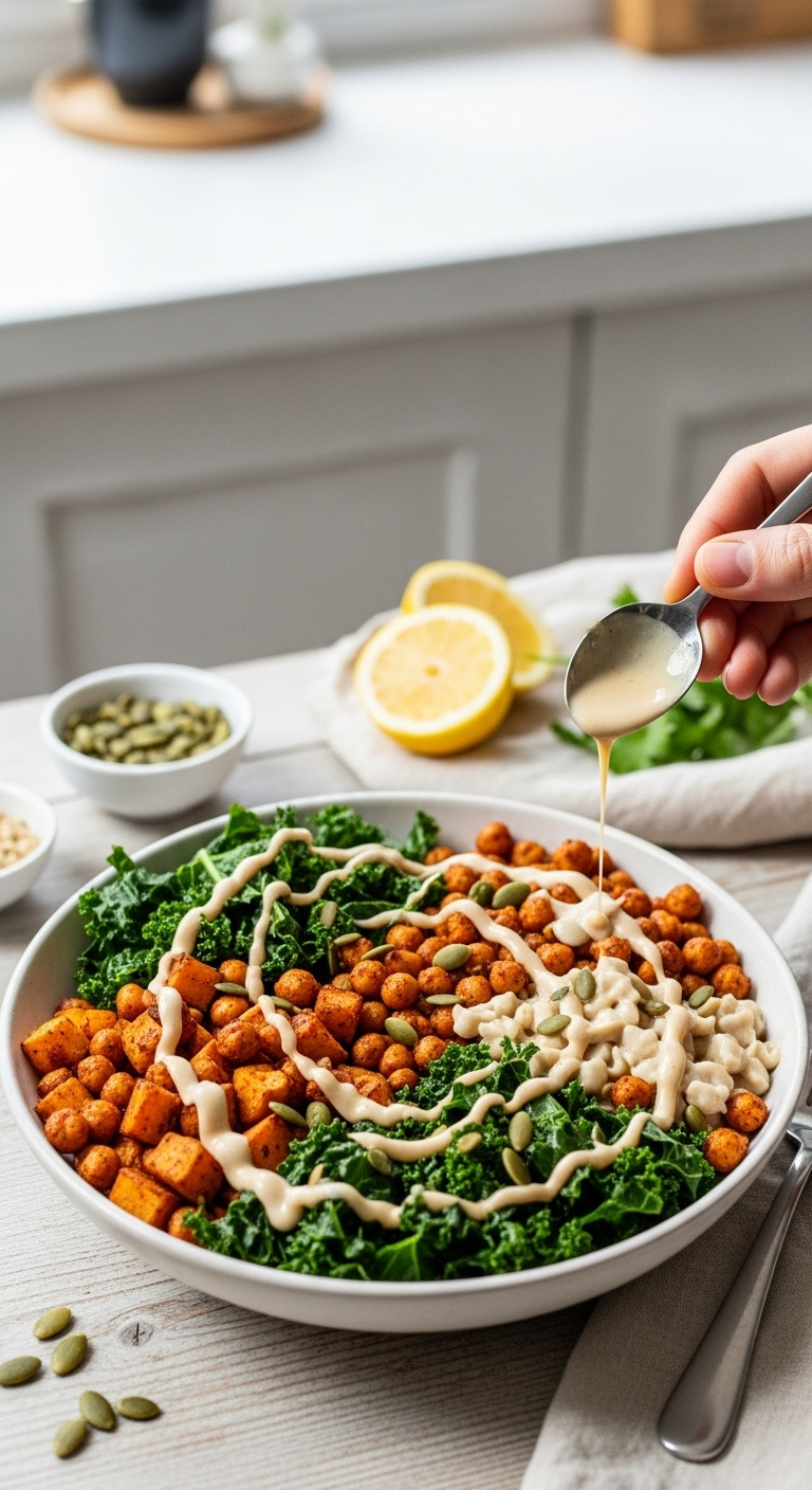 Roasted Chickpea Kale Sweet Potato Tahini Pumpkin Seeds Lemon Rustic Wood Table Vertical