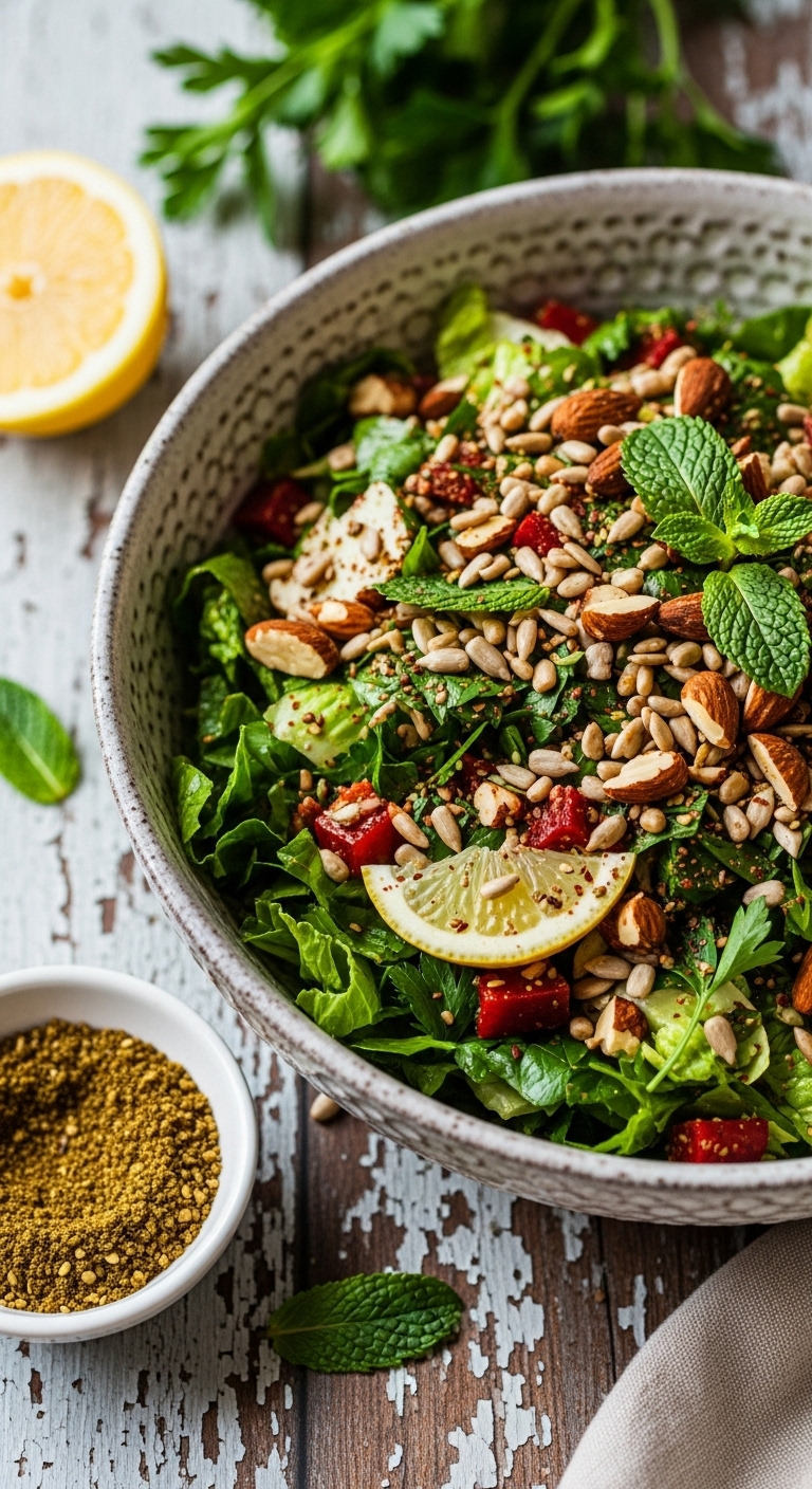 Romaine Salad Almonds Sunflower Seeds Mint Zaatar Lemon Blog Post