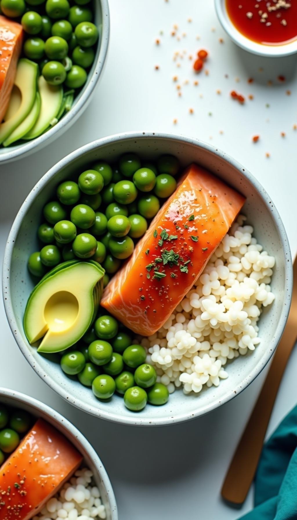 Salmon Bowl With Honey Sriracha Glazed Salmon Rice Cucumber Avocado Edamame Arranged In Sections