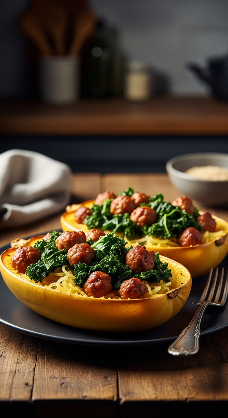 Sausage Kale Stuffed Spaghetti Squash Boats On Rustic Wood Table With Visible Squash Strands Warm Moody Lighting With Linen Napkin And Fork