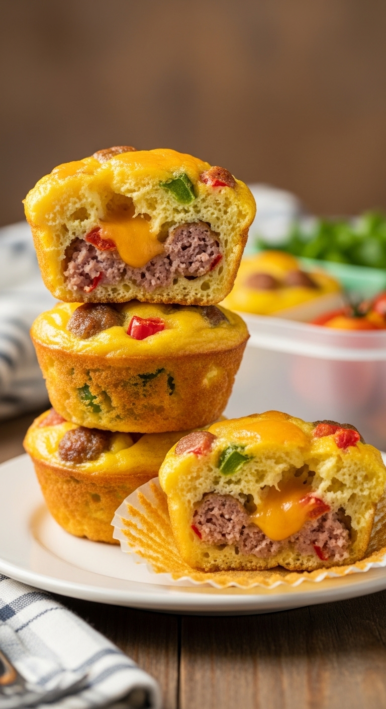 Savory-Egg-Sausage-Muffins-Stack-Broken-Halves-Cheese-Sausage-Peppers-Lunchbox