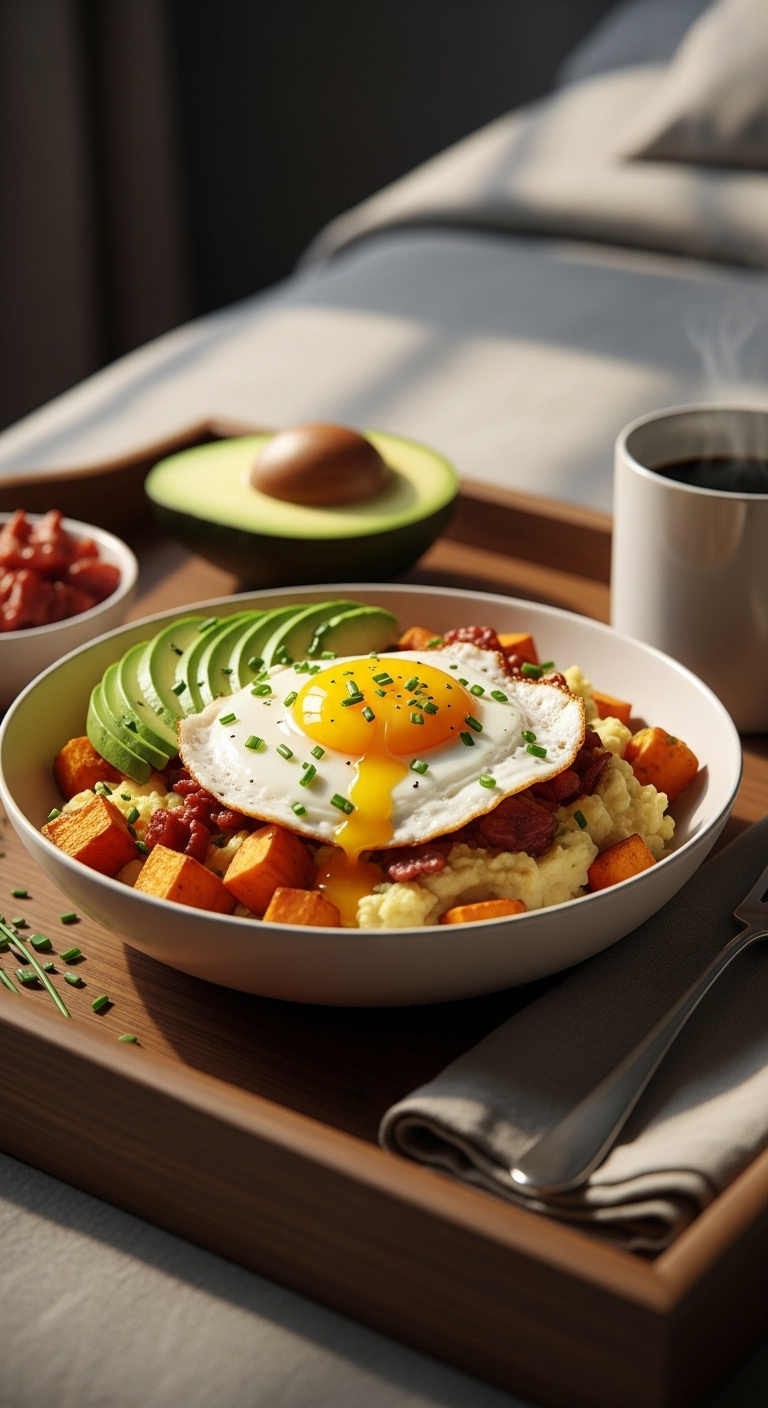 Savory Sweet Potato Breakfast Bowl Fried Egg Avocado Bacon Sausage Chives Warm Natural Wood Breakfast Tray