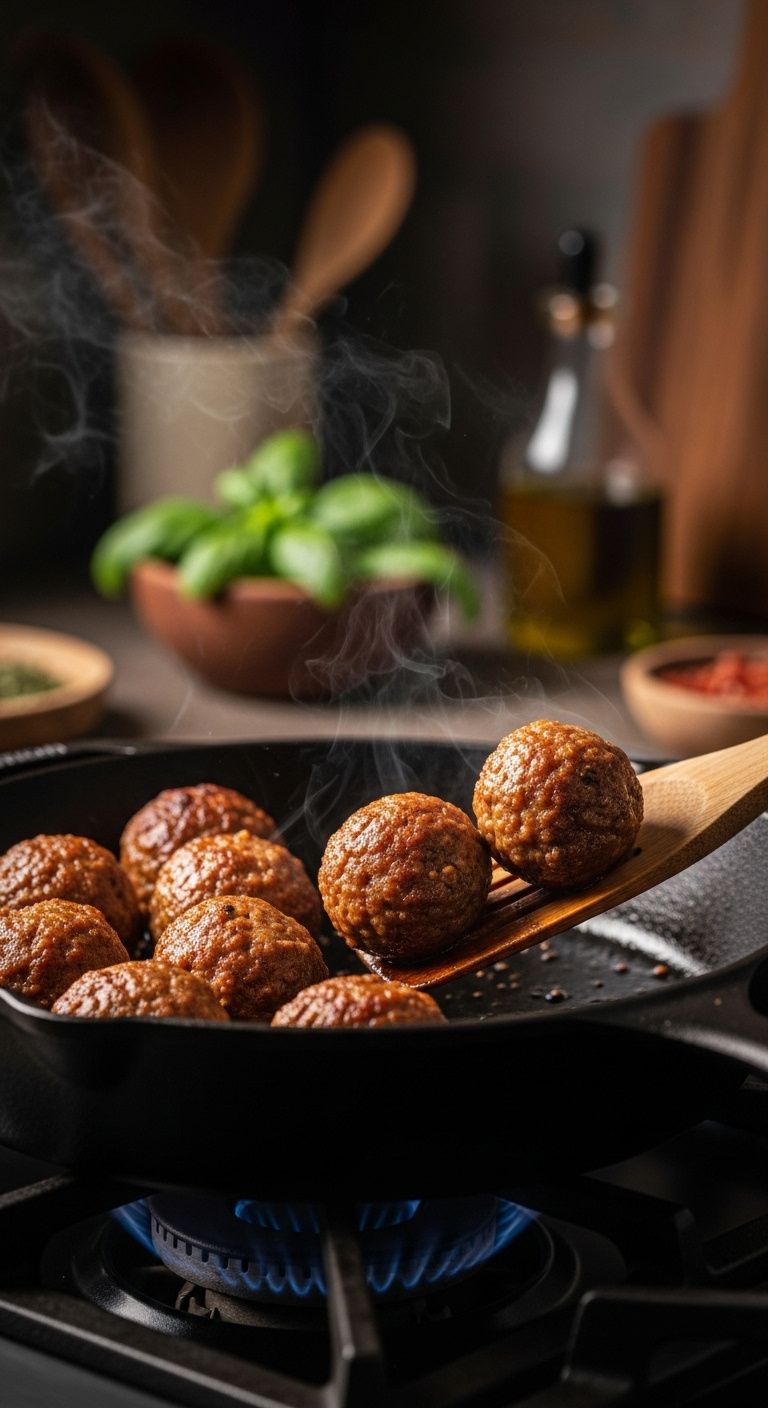 Seared-Meatballs-Cast-Iron-Skillet-Wooden-Spatula-Basil-85Mm-Lens-Portrait
