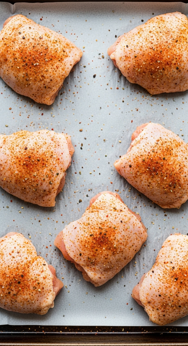 Seasoned-Uncooked-Boneless-Skinless-Chicken-Thighs-On-Parchment-Baking-Sheet