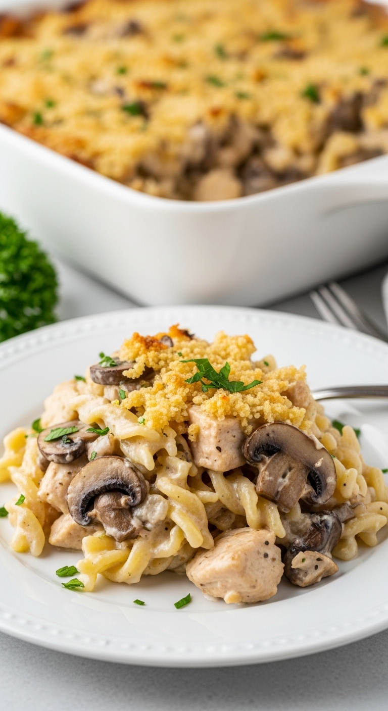 Serving Of Chicken Tetrazzini On White Plate With Creamy Sauce Chicken Mushrooms And Parsley Garnish