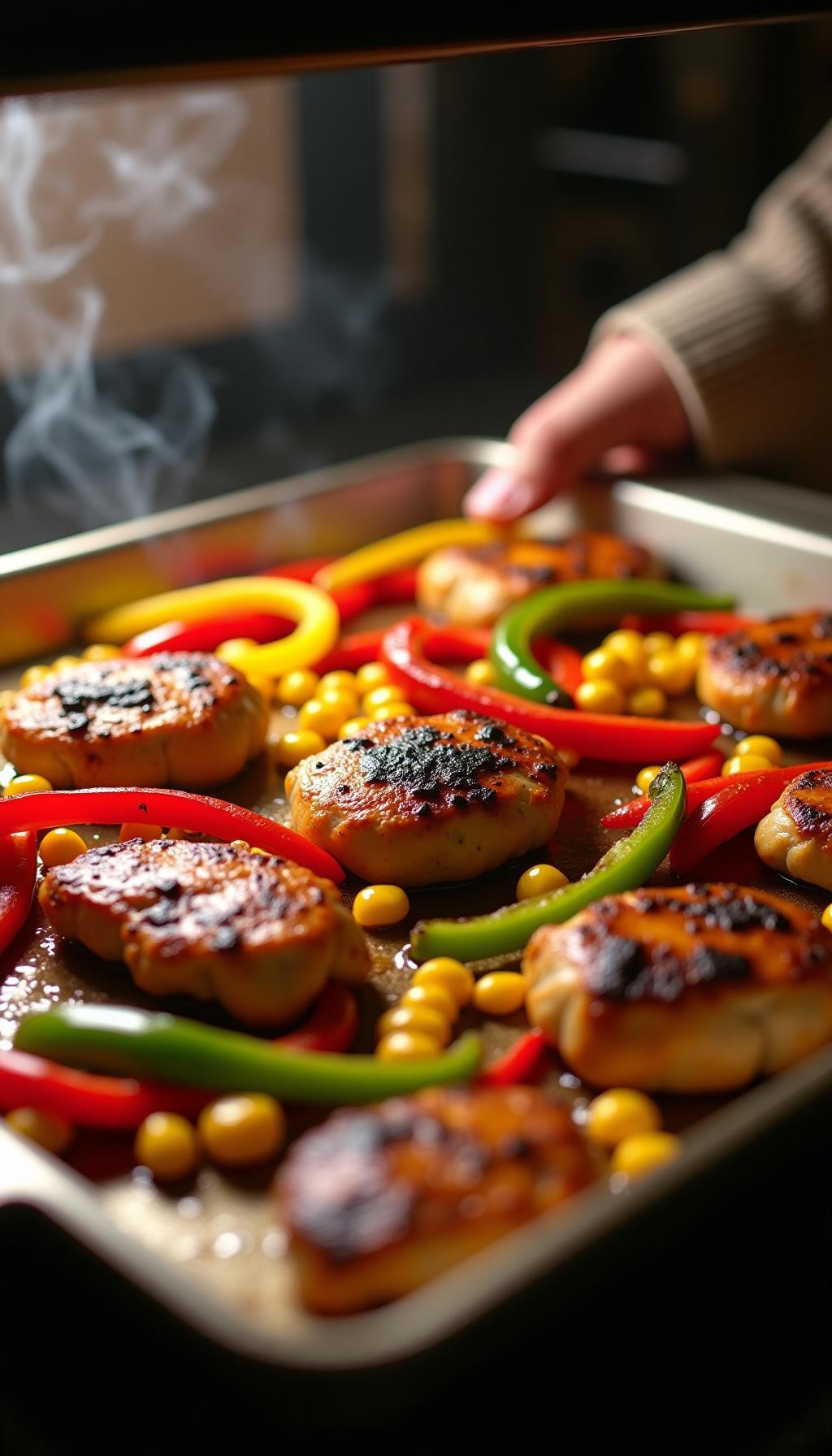 Sheet Pan Chicken With Poblano Peppers Bell Peppers And Corn Fresh Out Of The Oven
