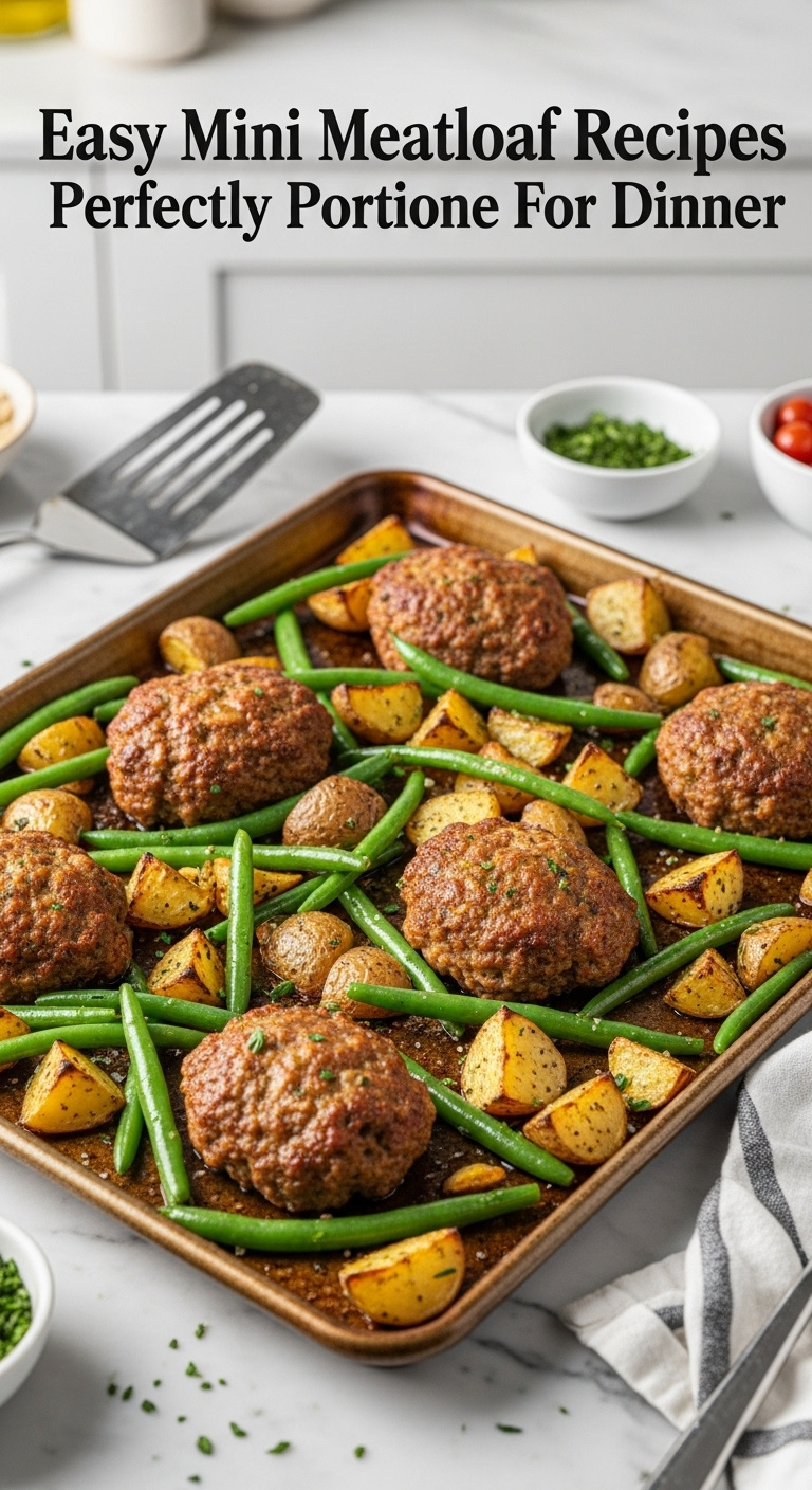Sheet Pan Mini Meatloaves With Roasted Baby Potatoes And Green Beans On Marble Countertop With Herbs And Kitchen Towel