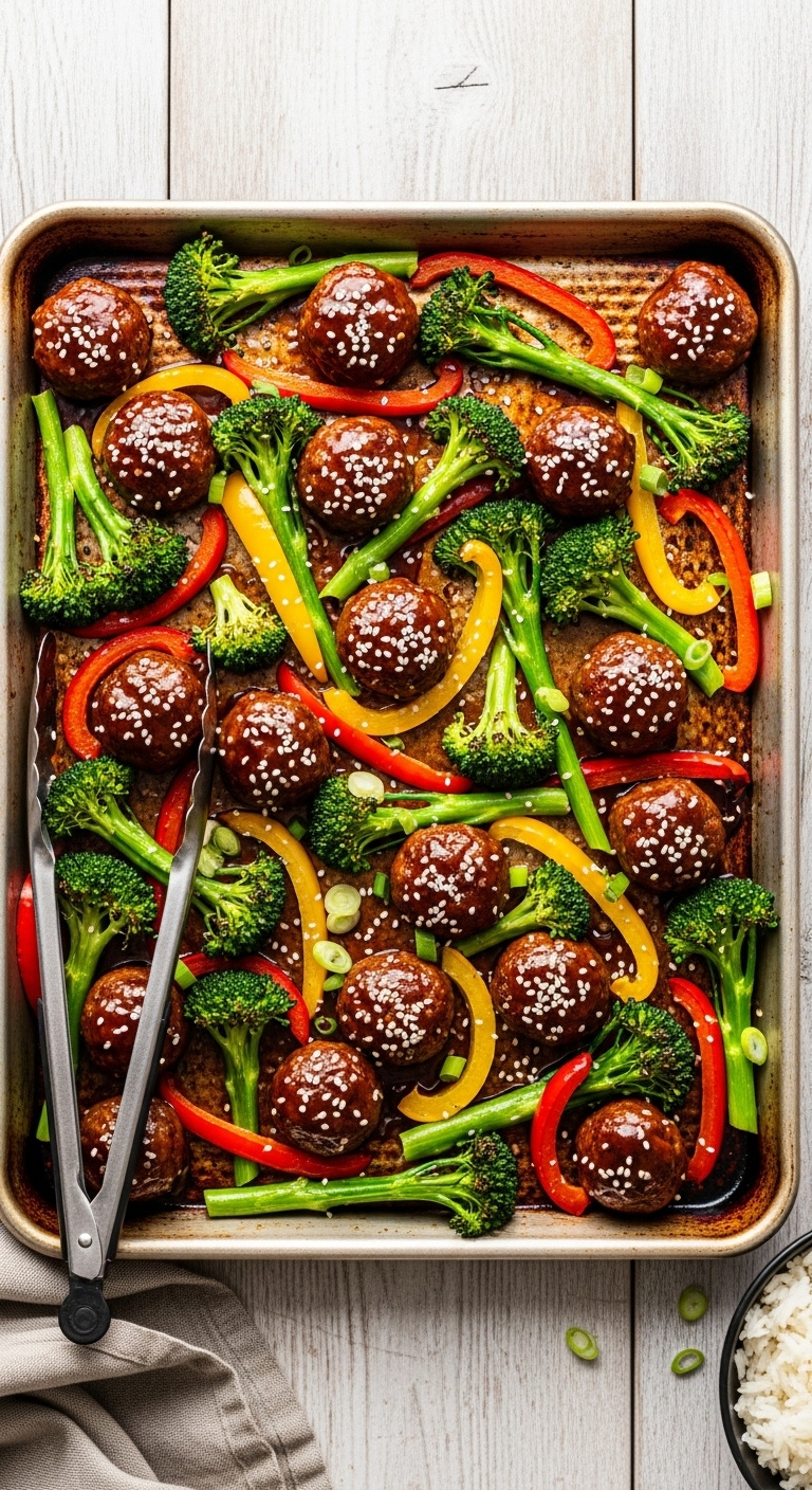 Sheet-Pan-Teriyaki-Meatballs-Veggies-Broccoli-Bell-Peppers-Sesame-Seeds