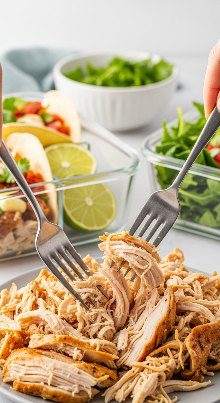 Shredded Crockpot Chicken Meal Prep Versatile Tacos Salad Lime Wedges