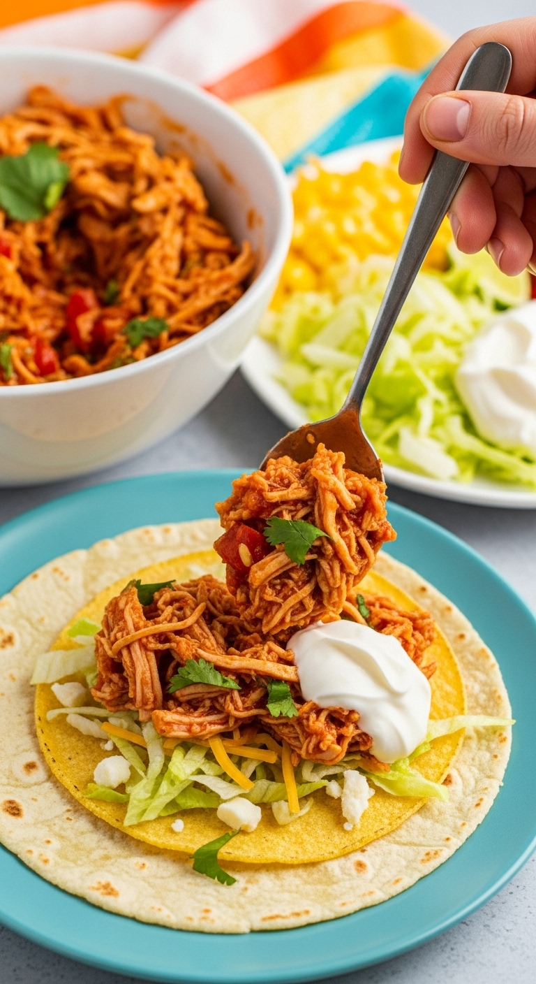 Shredded Salsa Chicken Taco Assembly Vibrant Toppings Cilantro Cheese