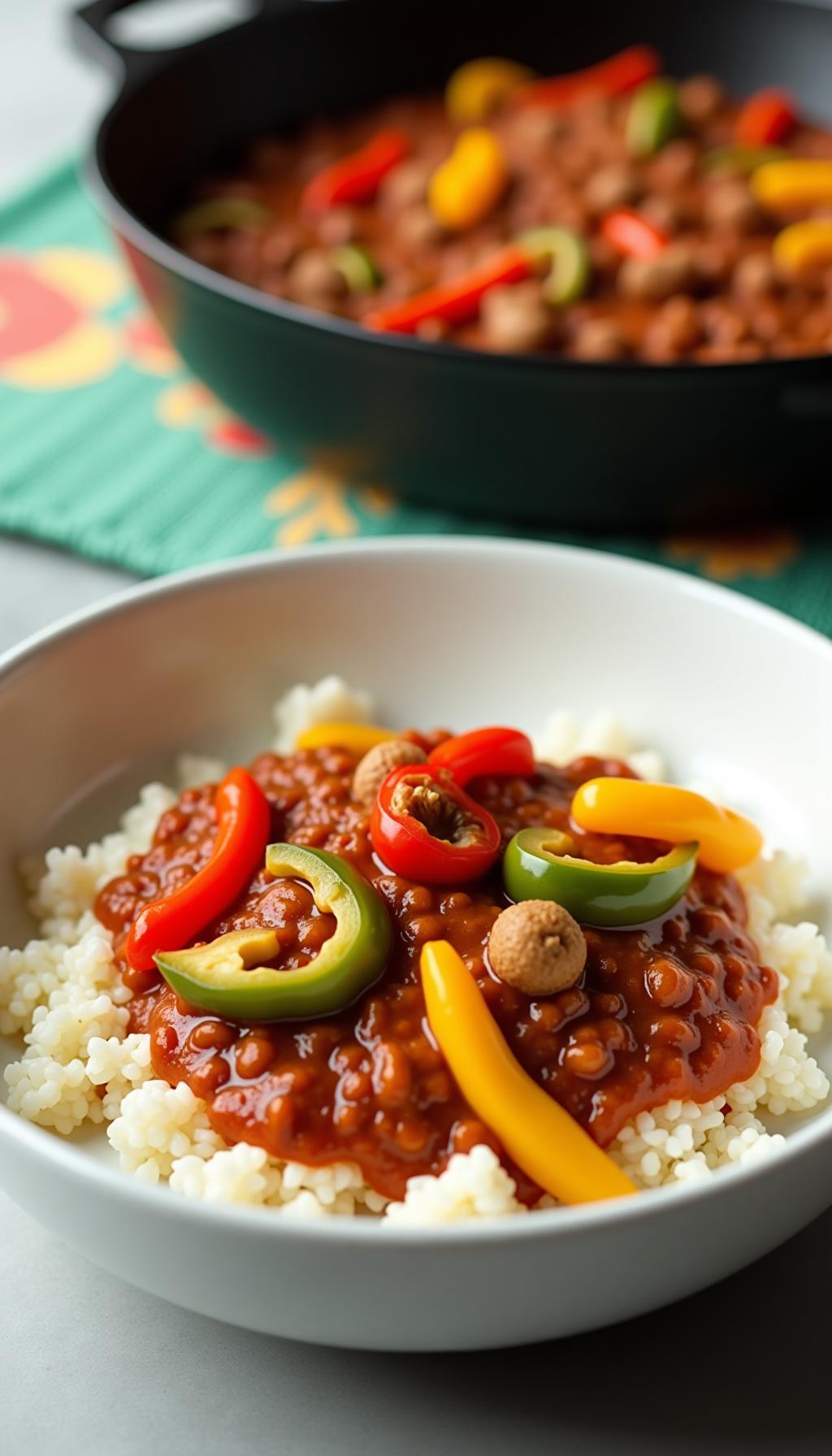 Simple Ground Turkey Pepper Skillet With Colorful Bell Peppers Served Over Rice With Skillet In Background