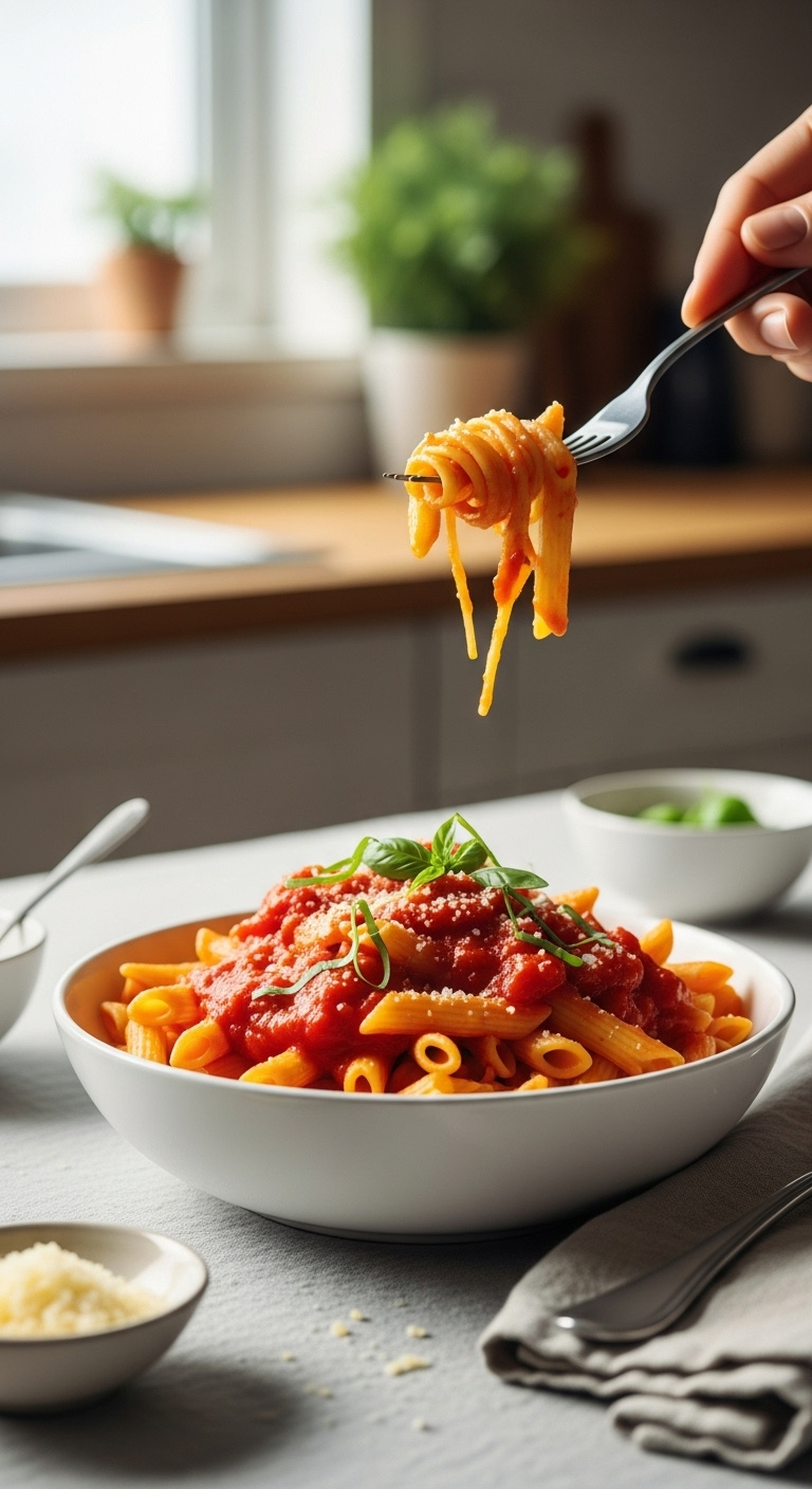 Simple Pasta With Mild Tomato Sauce Basil Parmesan