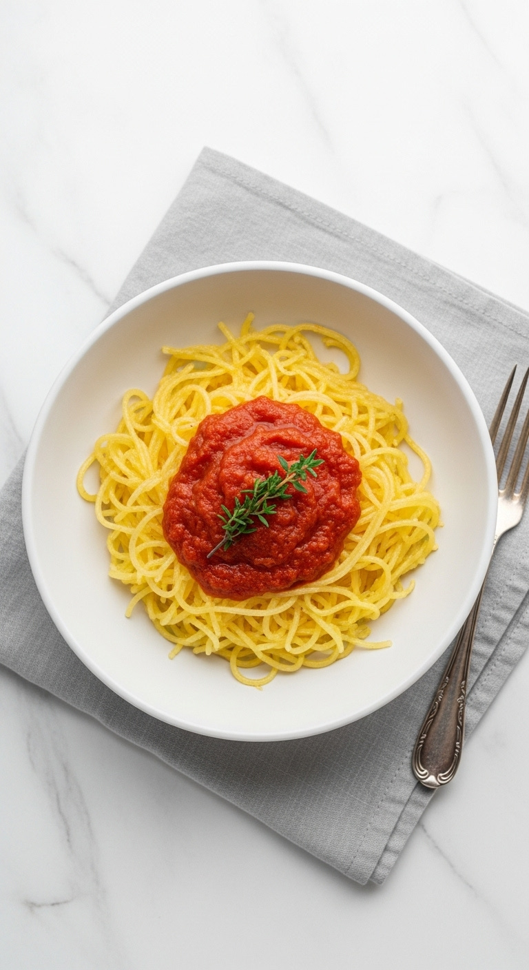 Simple Spaghetti Squash Noodles With Marinara And Thyme In White Bowl Overhead On White Marble With Gray Linen And Antique Silver Fork