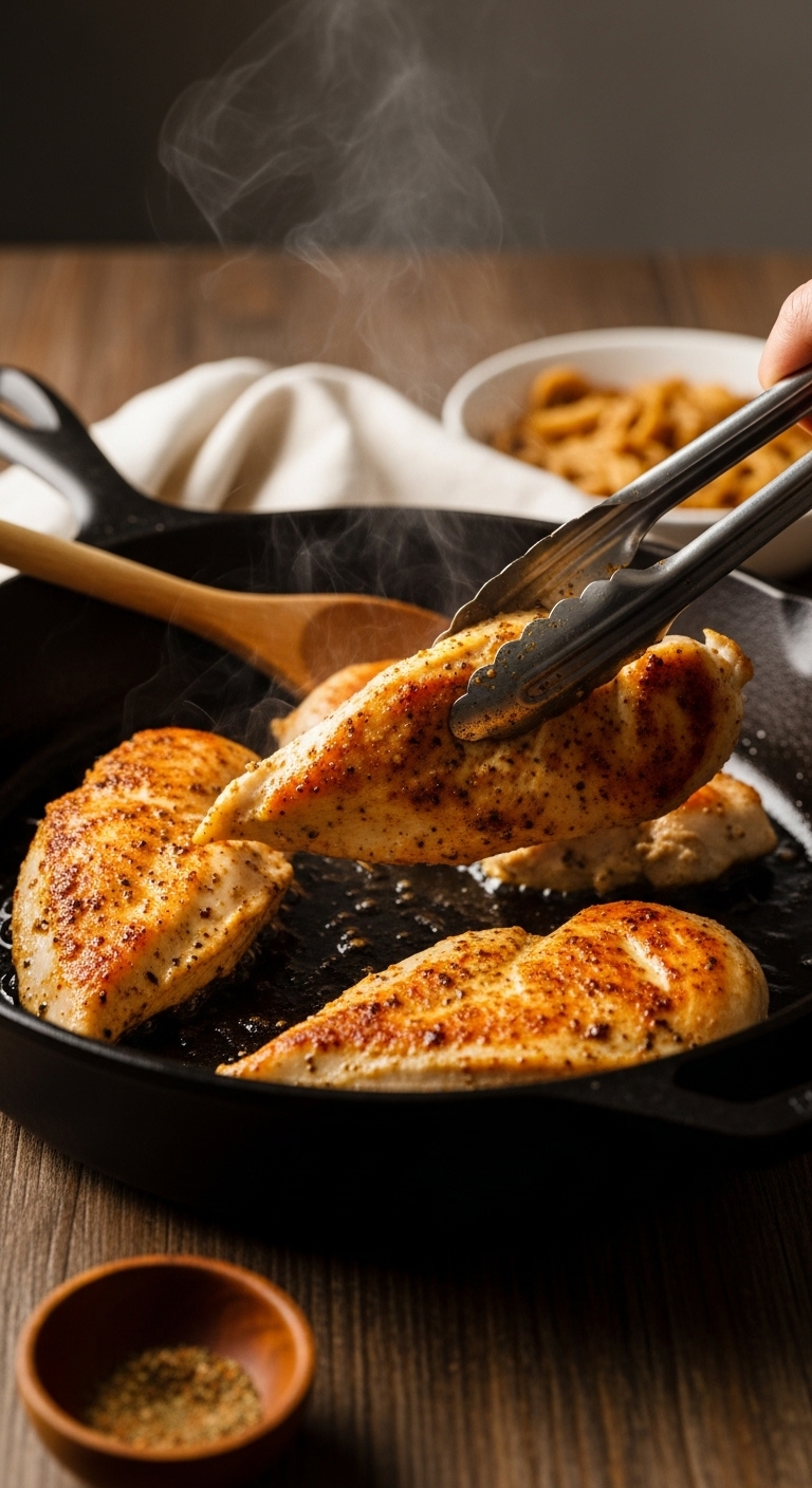 Sizzling Chicken Breasts Golden Crust In Cast Iron Skillet