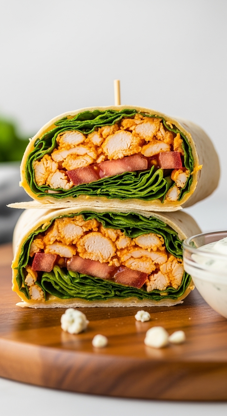 Sliced Buffalo Chicken Wraps Stacked On Wooden Board With Colorful Layers Of Chicken Lettuce Tomato And Bowl Of Blue Cheese Dressing