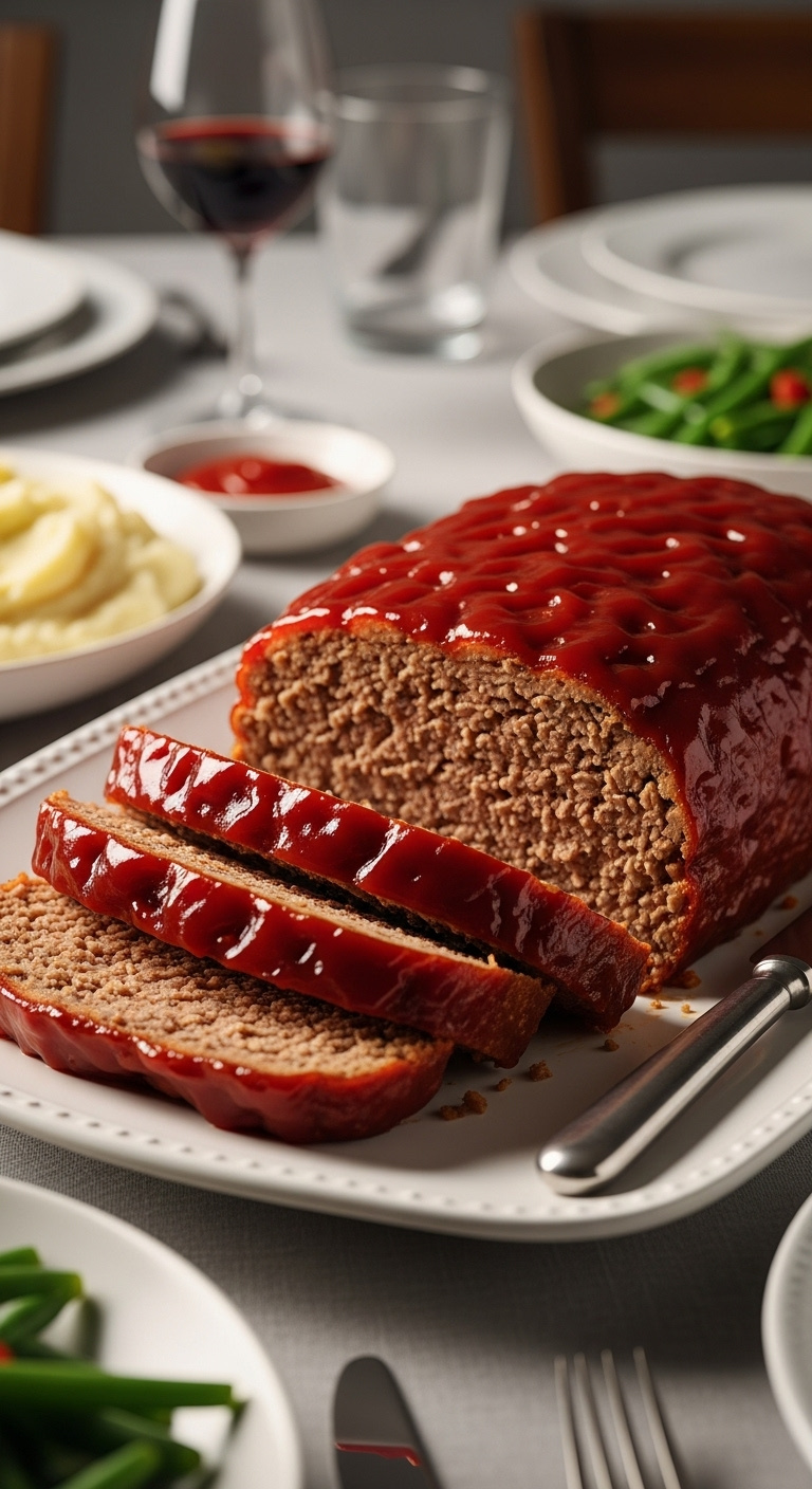 Sliced-Classic-Meatloaf-With-Ketchup-Glaze-Served-On-White-Platter