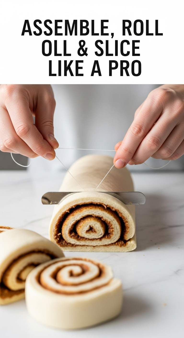 Slicing Biscoff Cinnamon Roll Log With Dental Floss Revealing Swirled Filling On Marble Countertop