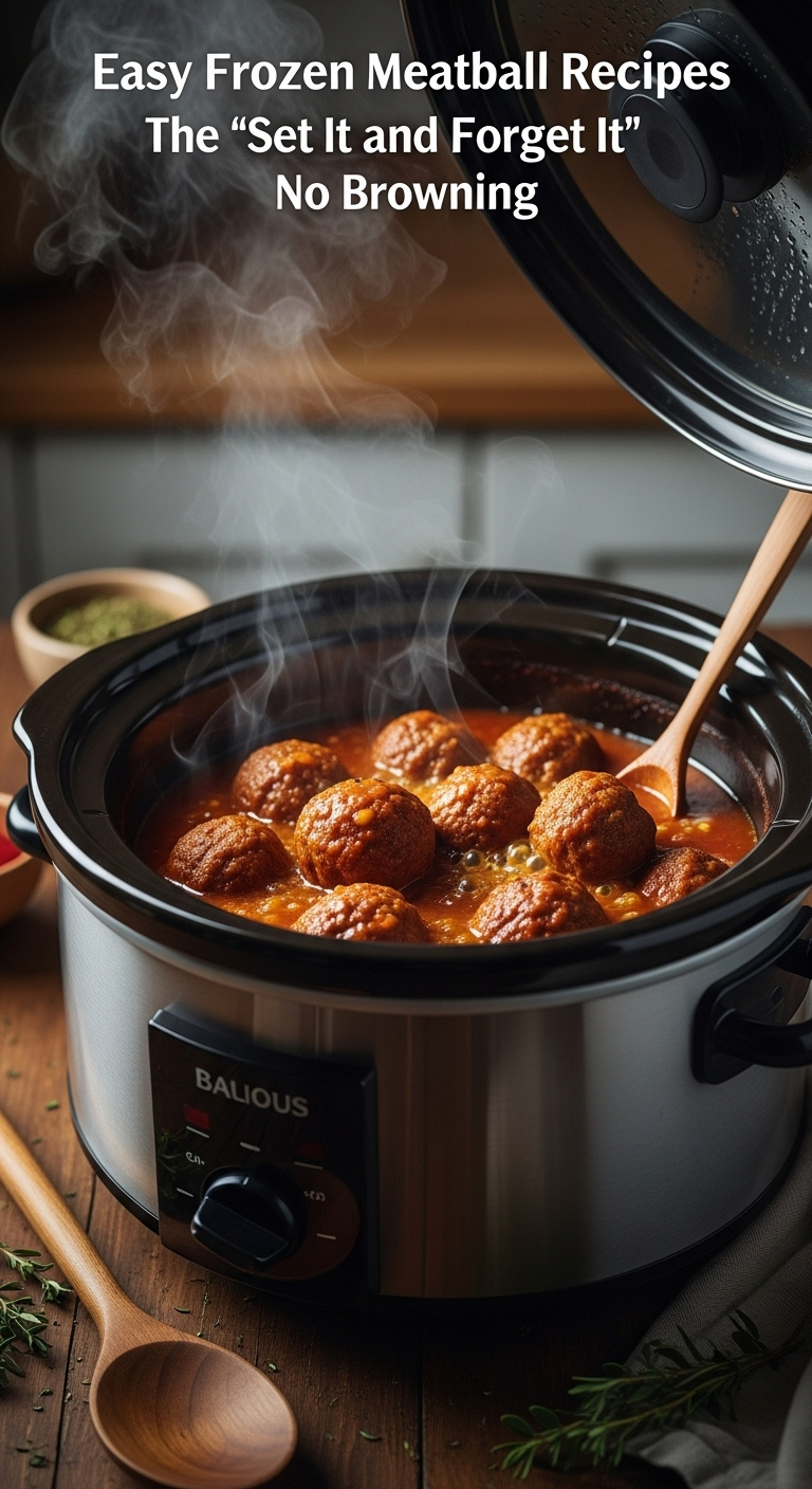 Slow-Cooker-Frozen-Meatballs-Simmering-Steam-Wood-Table-85Mm-Lens-Portrait