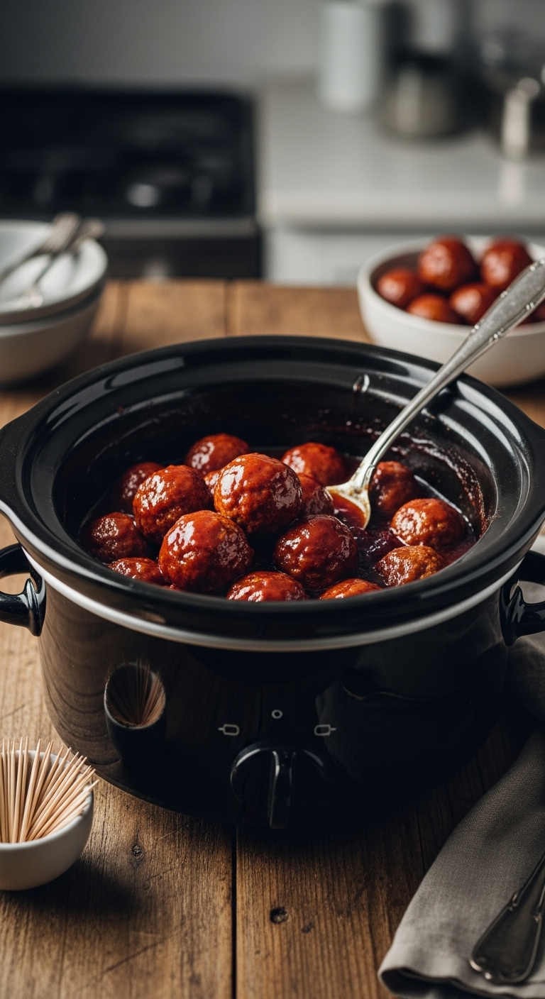 Slow-Cooker-Grape-Jelly-Meatballs-Glossy-Sauce-Wood-Table-Rustic-Cozy-Shot