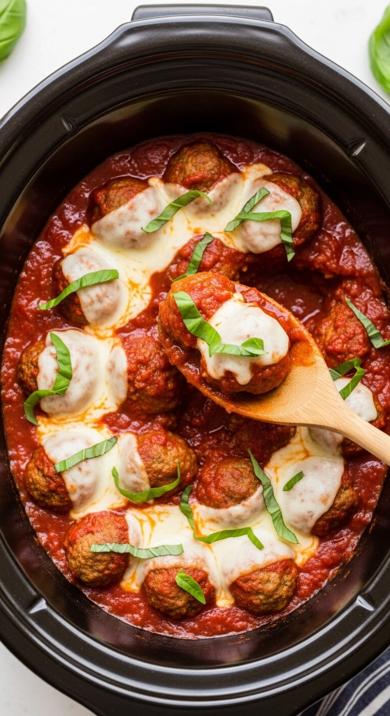 Slow Cooker Meatballs In Marinara Sauce With Melted Mozzarella And Fresh Basil Being Scooped With Wooden Spoon In Bright Cheerful Setting