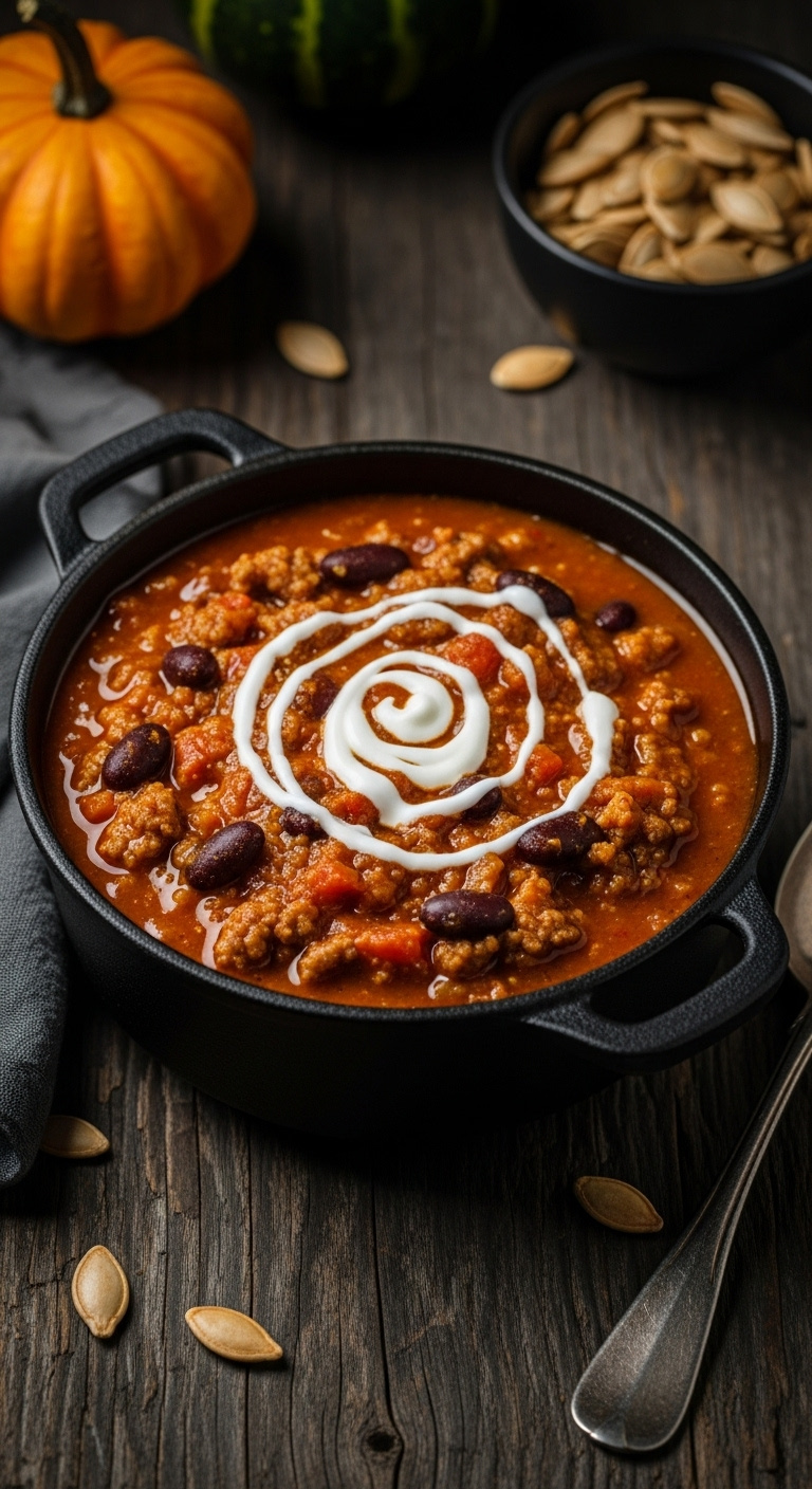 Slow-Cooker-Pumpkin-Chili-Ground-Beef-Dark-Beans-Sour-Cream