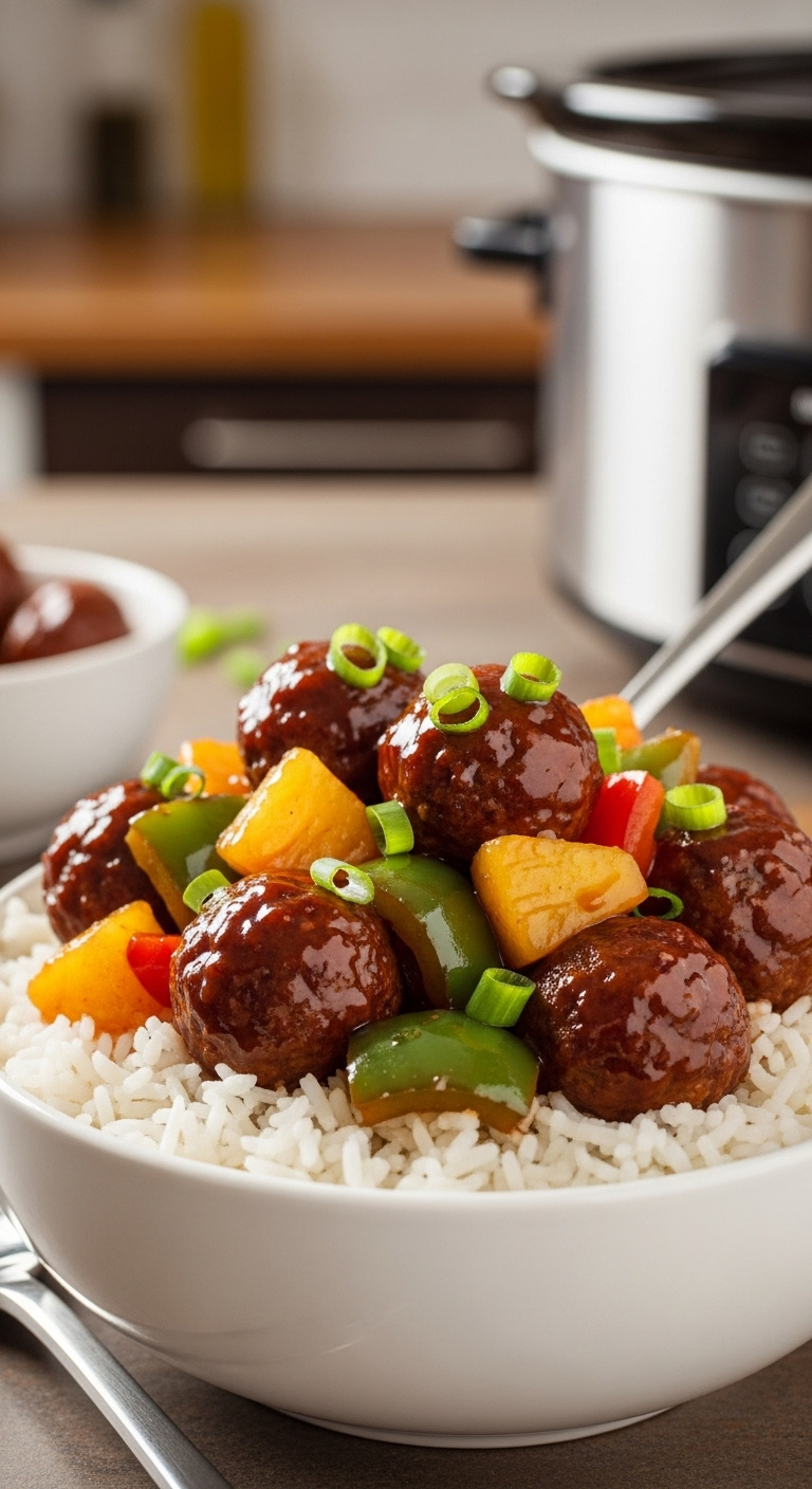 Slow-Cooker-Sweet-And-Sour-Meatballs-With-Rice-Pineapple-Green-Pepper-And-Green-Onions