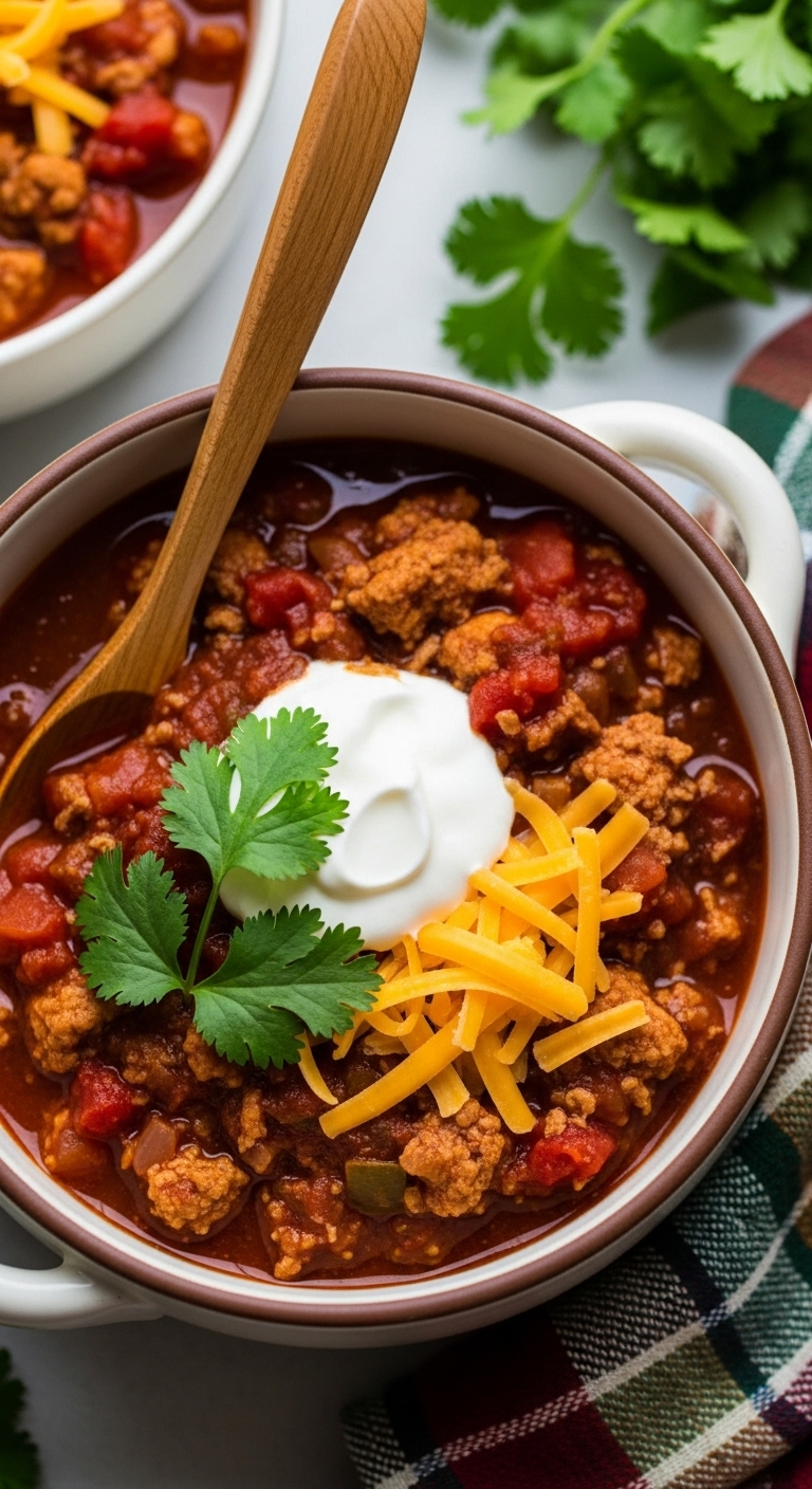 Slow-Cooker-Turkey-Chili-Sour-Cream-Cheddar-Cilantro-Wooden-Spoon
