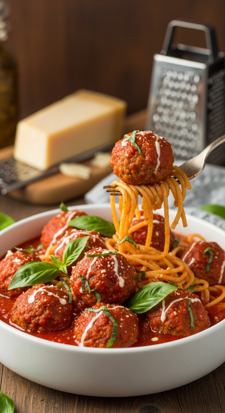 Slow-Cooker-Turkey-Meatballs-Marinara-Spaghetti-Parmesan-Basil