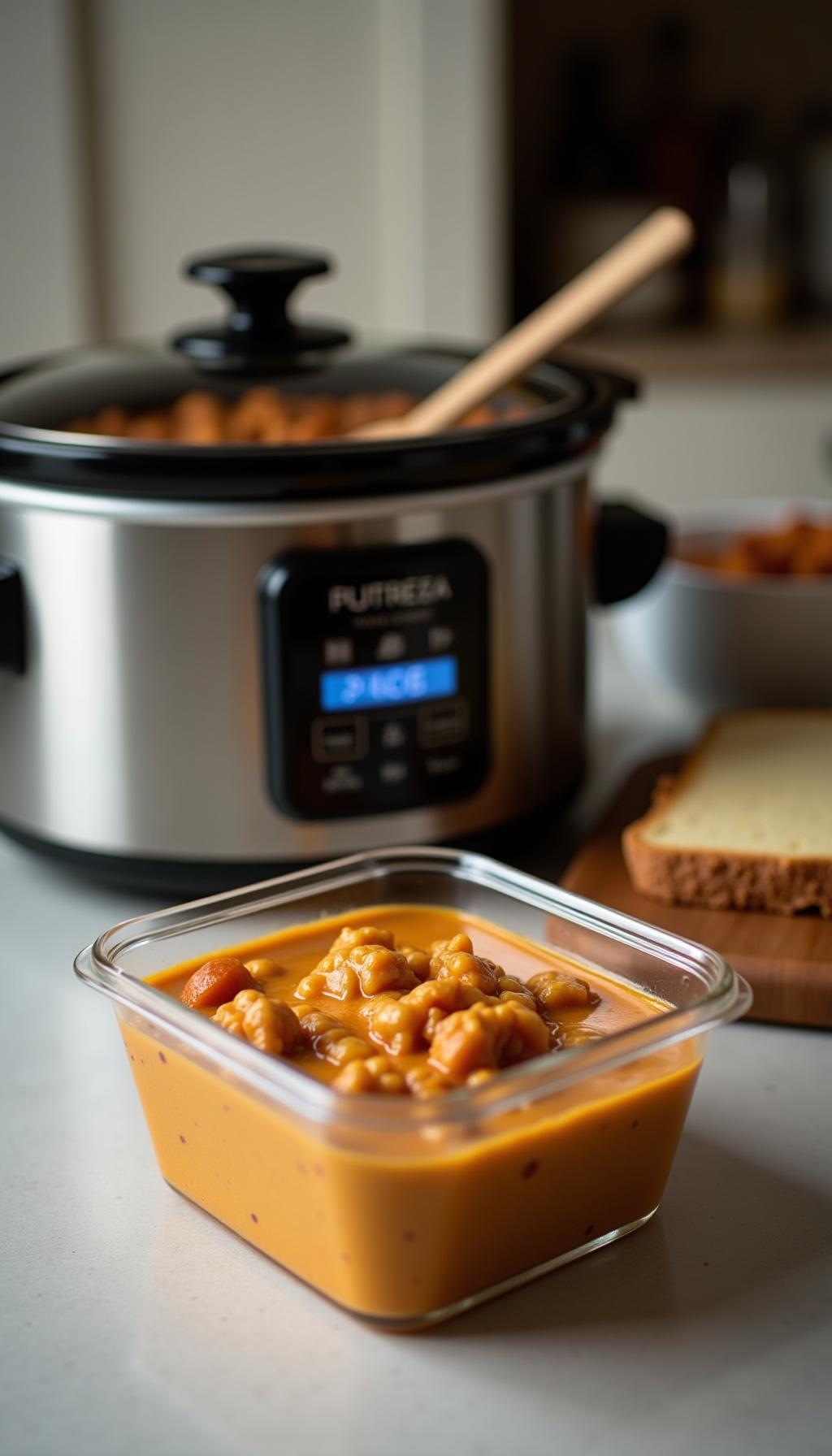 Slow Cooker With White Chicken Chili And Ladle On Kitchen Counter With Meal Prep Container In Foreground
