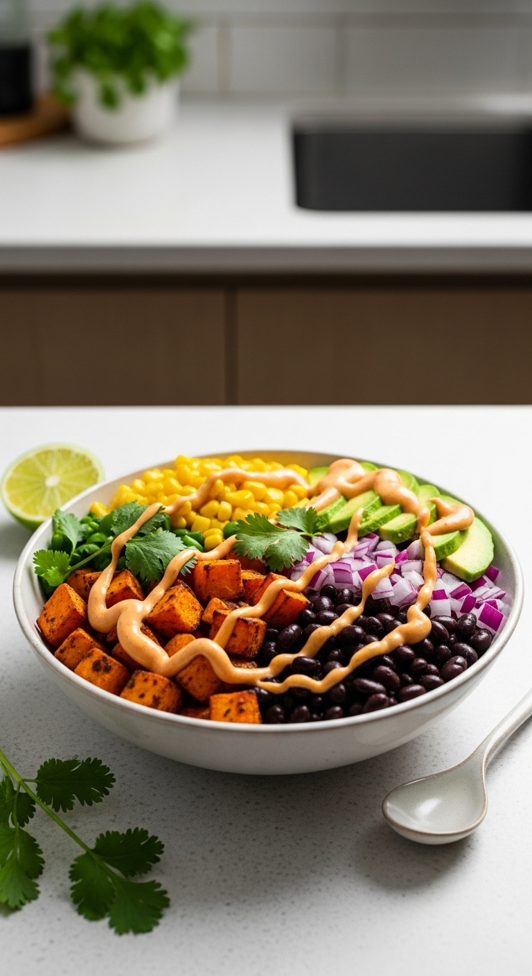 Southwest Black Bean Sweet Potato Bowl Roasted Sweet Potato Black Beans Corn Avocado Chipotle Sauce Cilantro Lime Ceramic Surface Vertical