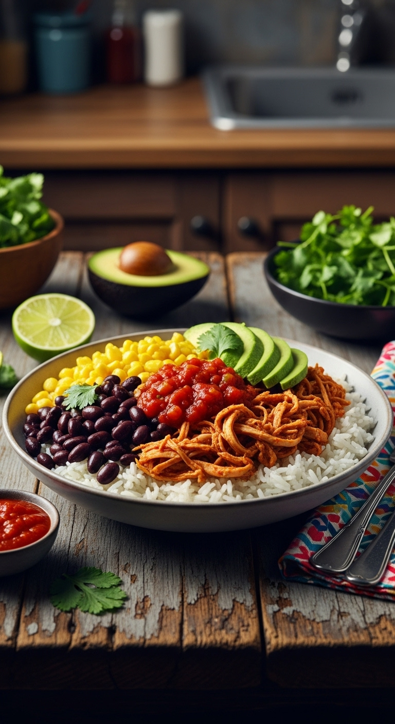 Southwest Chicken Burrito Bowl Shredded Chicken Black Beans Corn Salsa Avocado Cilantro Lime Chipotle Sauce Patterned Napkin Distressed Wood Table Vertical