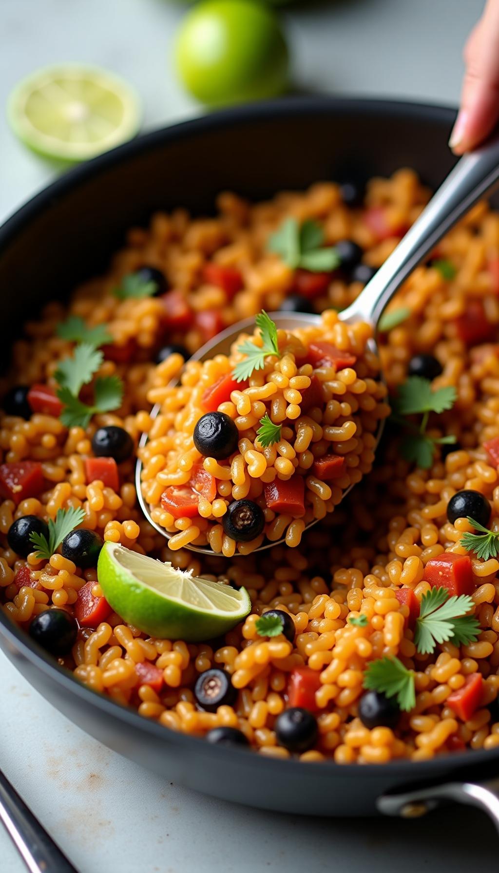 Southwest Rice And Ground Turkey Skillet With Lime Wedge And Cilantro On Neutral Kitchen Counter
