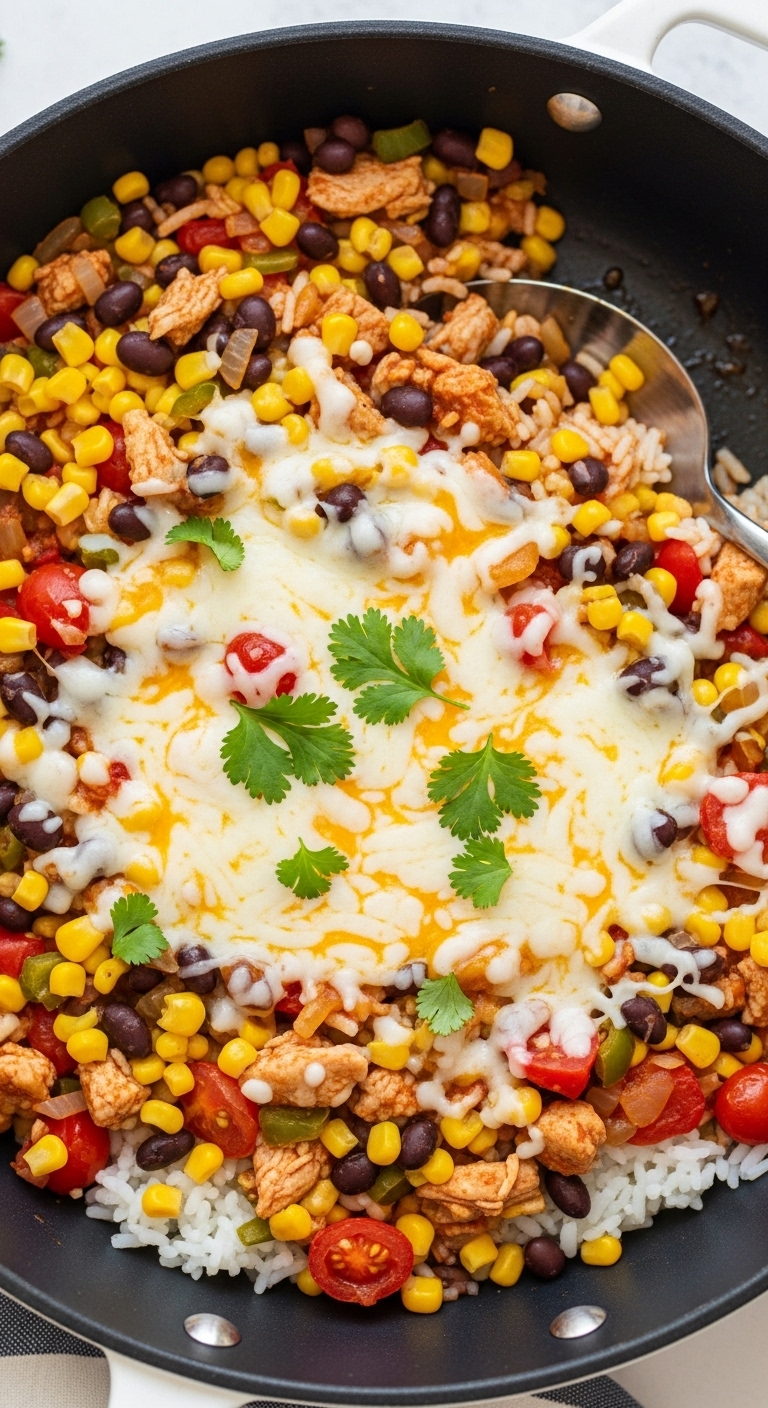 Southwest-Skillet-Ground-Turkey-Corn-Beans-Cheese-Cilantro-Rice