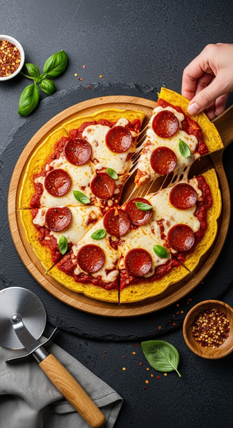 Spaghetti Squash Crust Pizza With Pepperoni Cheese Pull On Wooden Peel Top Down With Pizza Cutter Chili Flakes And Basil Leaf On Dark Slate