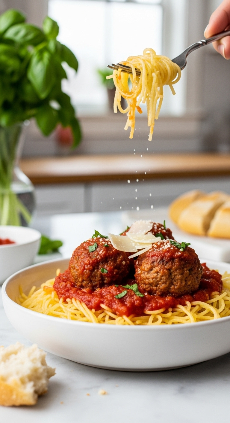 Spaghetti Squash With Meatballs In Heirloom Tomato Marinara In White Bowl Parmesan Shavings On Marble Countertop With Basil Background Fork And Crusty Bread