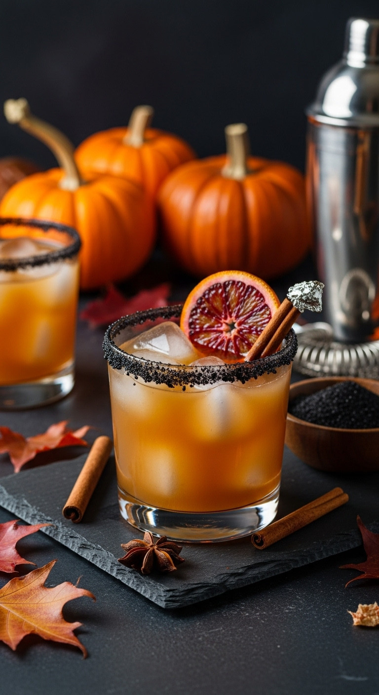 Spicy Apple Cider Margarita With Black Sugar Rim Blood Orange Cinnamon Stick On Slate Tray With Blurred Pumpkins And Leaves