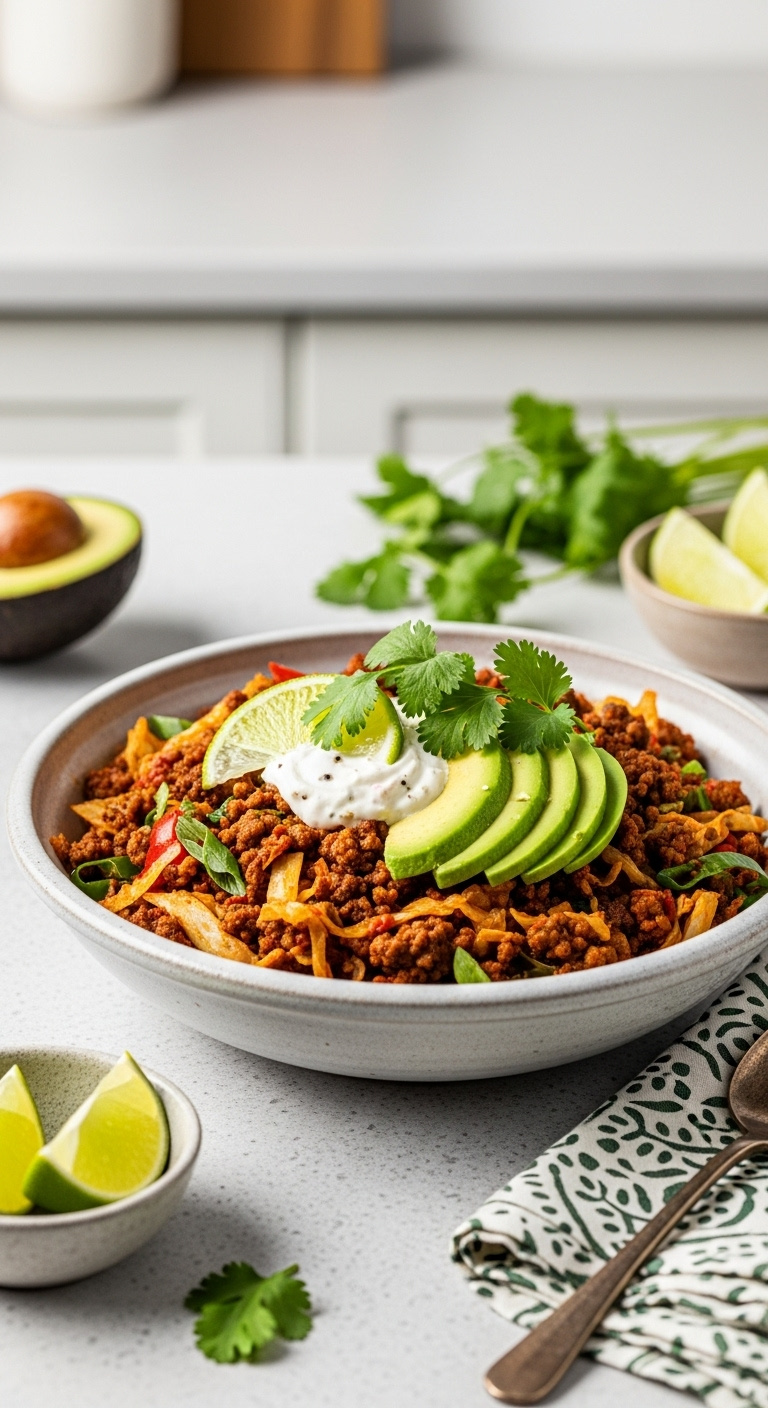 Spicy Mexican Inspired Beef Cabbage Bowl Avocado Cilantro Lime
