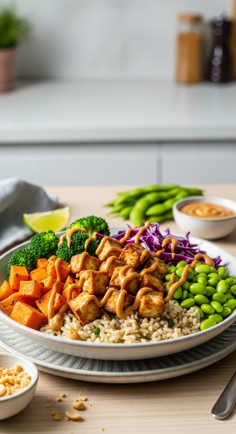 Spicy Peanut Tofu Buddha Bowl Roasted Sweet Potato Broccoli Edamame Purple Cabbage Peanut Sauce Lime Chopped Peanuts Ceramic Plate Vertical