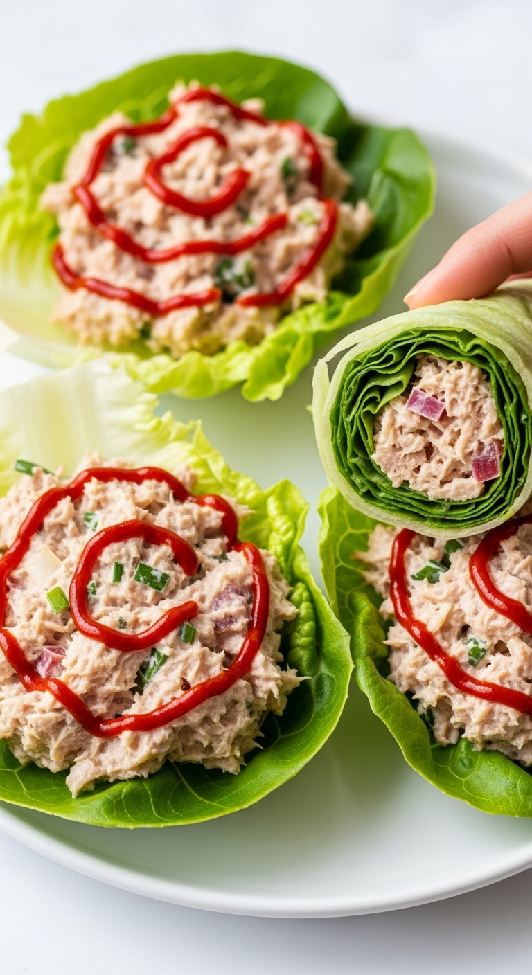 Spicy-Tuna-Salad-Lettuce-Wraps-Fresh-Crisp-Butter-Lettuce-Sriracha-Tuna-White-Plate