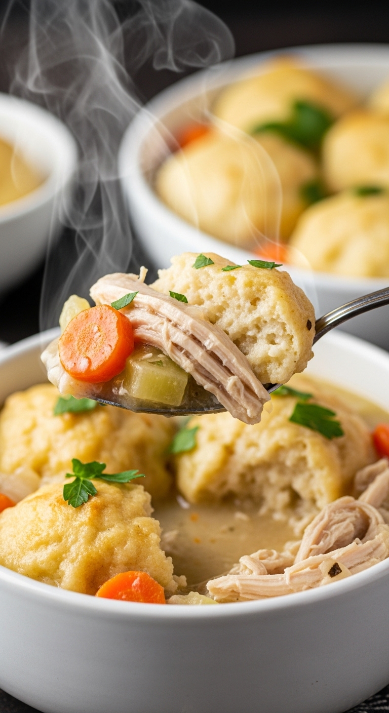 Spoon Lifting Chicken And Dumplings Creamy Stew Fluffy Dumpling